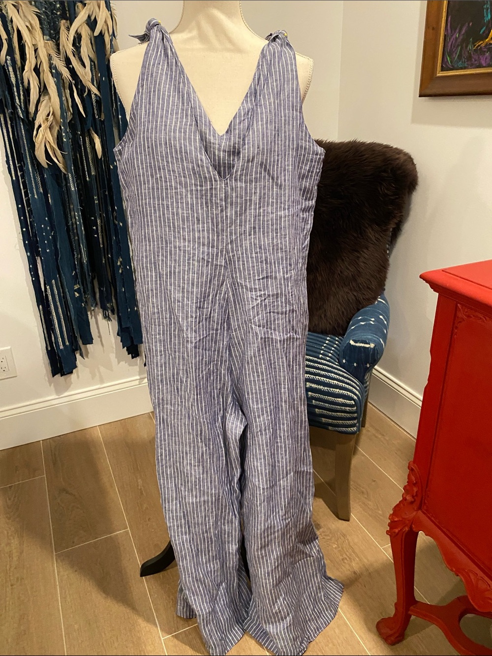 Vitamin A Navy and White Striped Tie-Shoulder Wide-Leg Jumpsuit